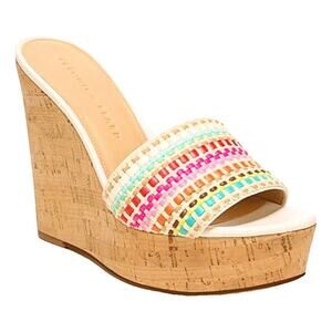 Veronica Beard Dali White Colorful Woven Cork Wedge Sandals Women's 8 NEW
